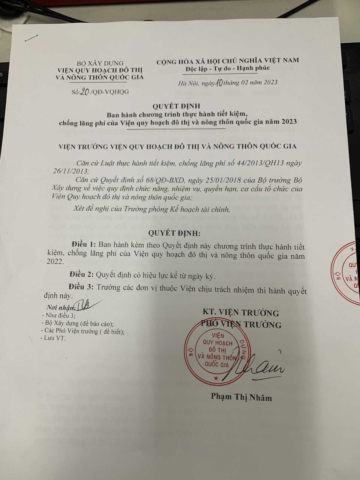 Ban hành chương trình thực hiện tiết kiệm, chống lãng phí của Viện quy hoạch đô thị và nông thôn quốc gia năm 2023